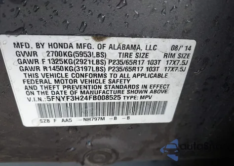 2015 Honda Pilot Lx z USA, uszkodzony, nr VIN 5FNYF3H24FB008525